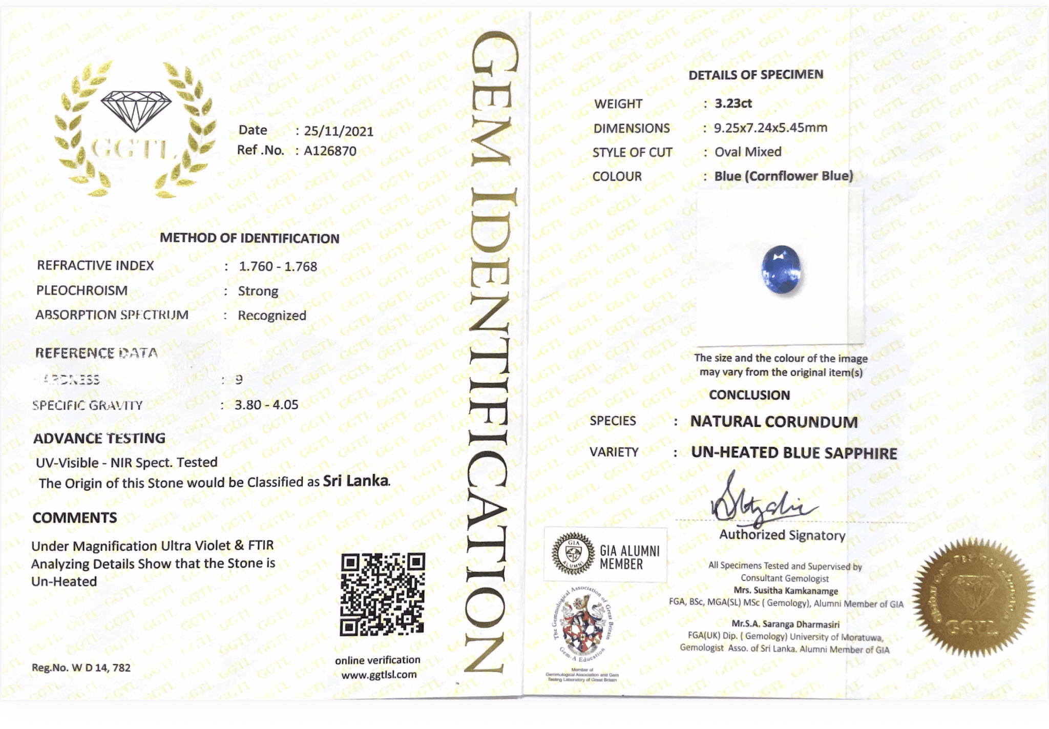 3.23CTS Unheated Cornflower Blue Sapphire - Benny's Gems Creations