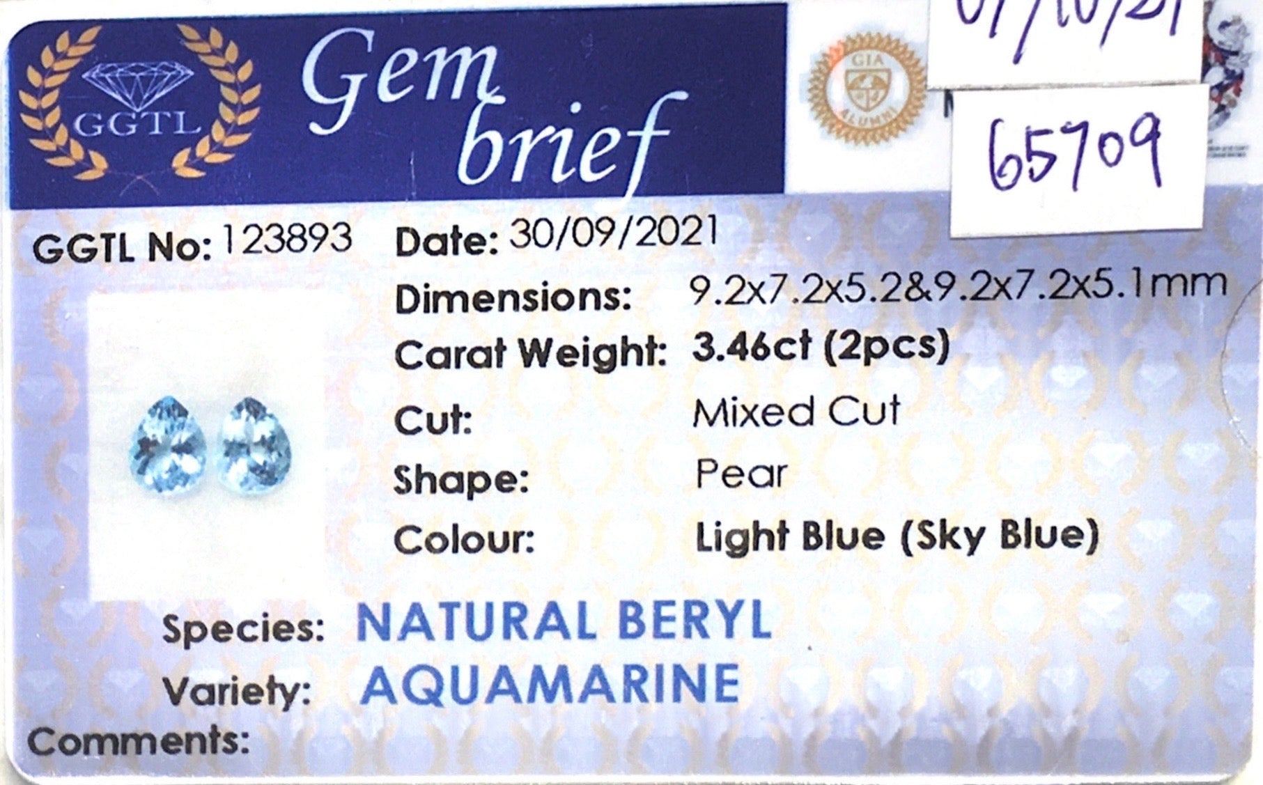 3.46CTS Light Blue Aquamarine Pair - Benny's Gems Creations