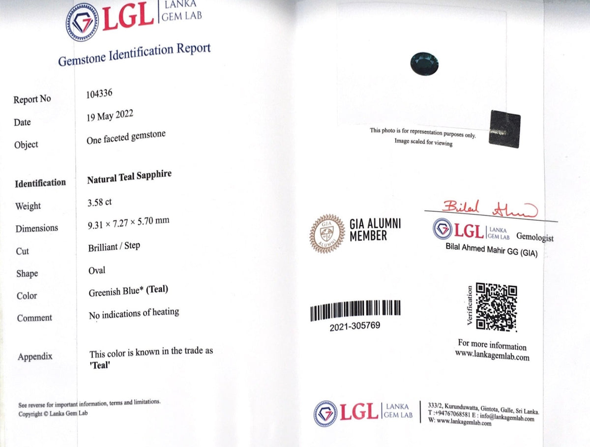 3.58CTS Unheated Teal Sapphire - Benny's Gems Creations