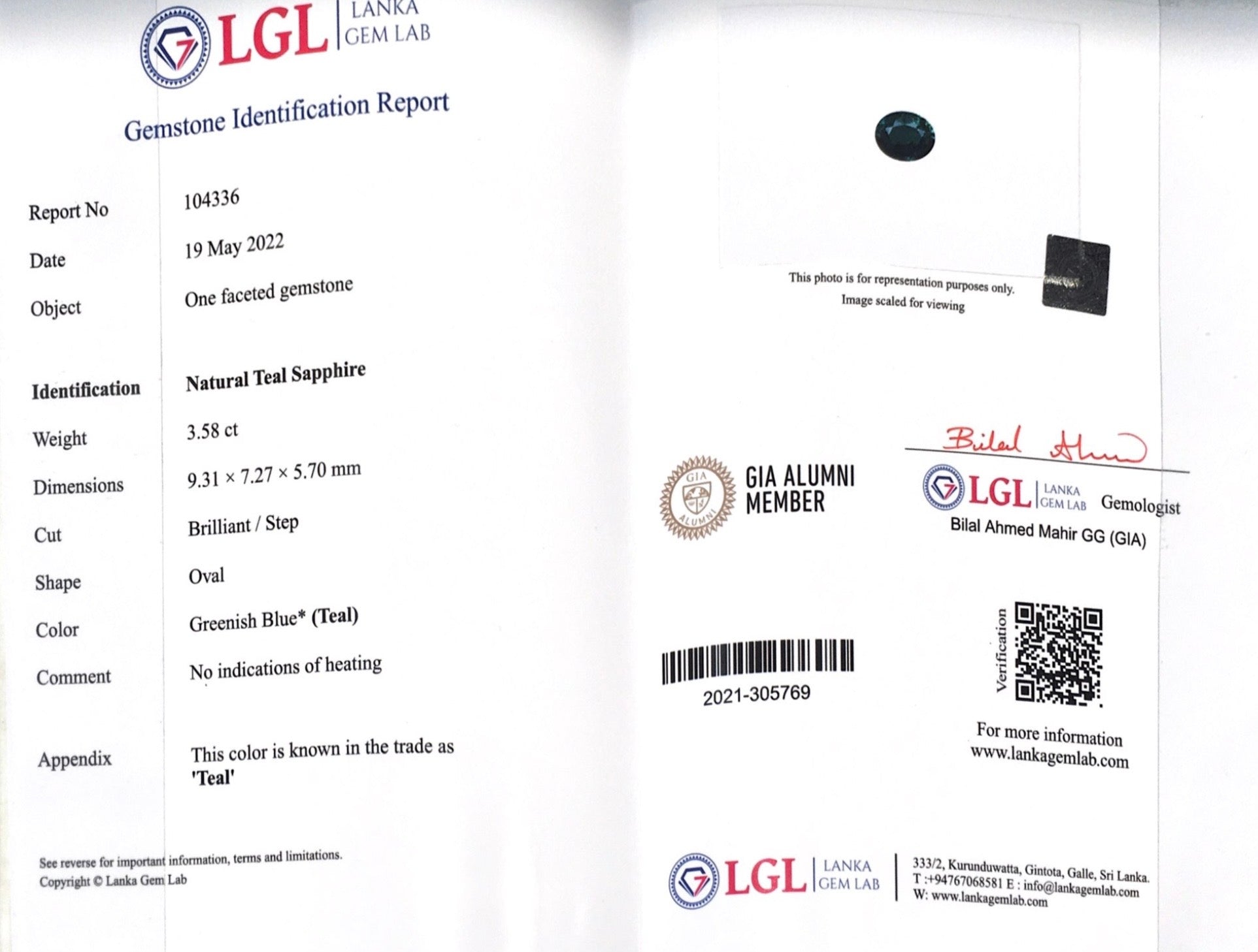 3.58CTS Unheated Teal Sapphire - Benny's Gems Creations