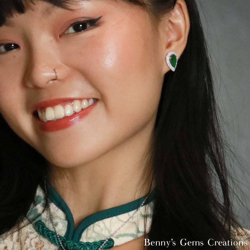 Jadeite Pear Double Halo Earrings