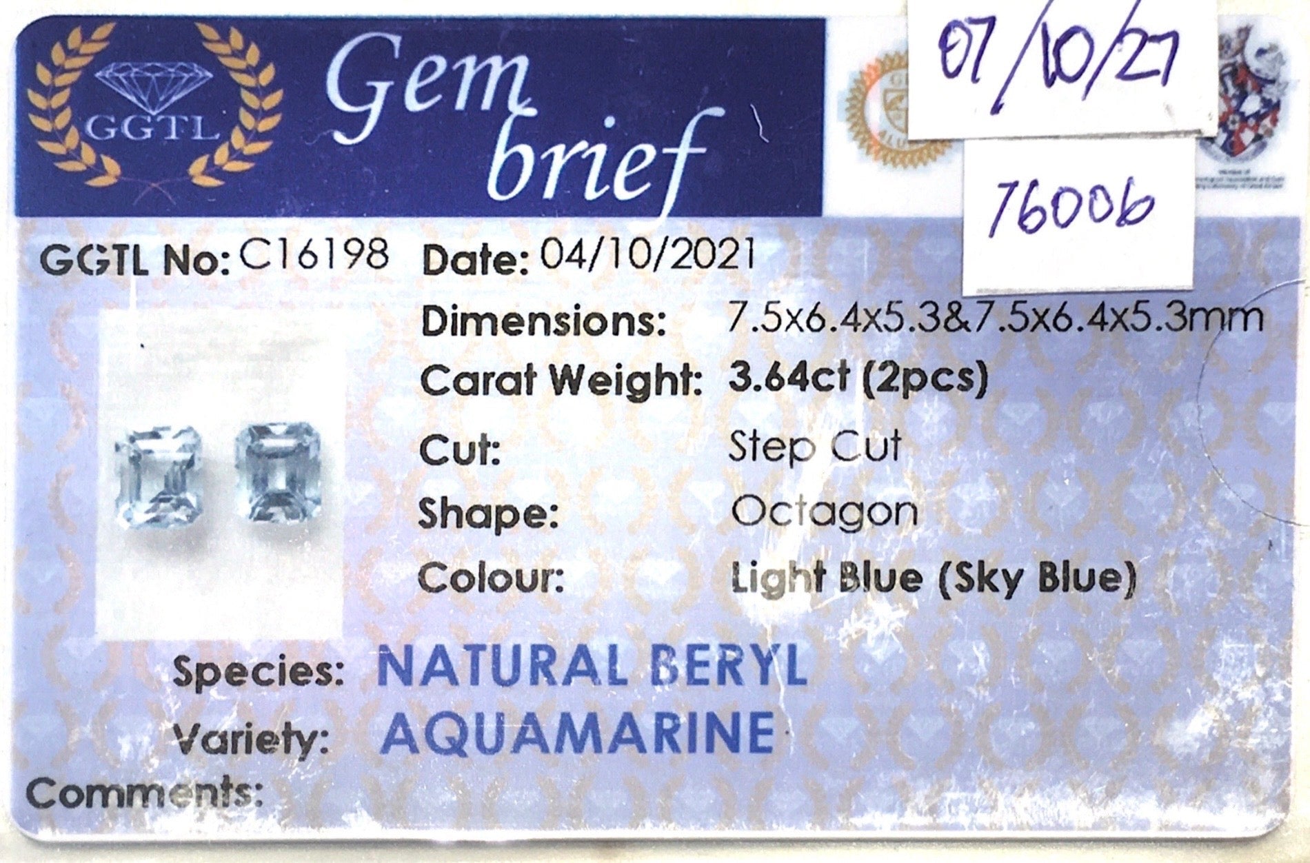 3.64CTS Light Blue Aquamarine Pair - Benny's Gems Creations