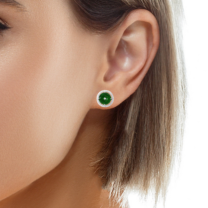 Deep Green Jade Disc Diamond Studs