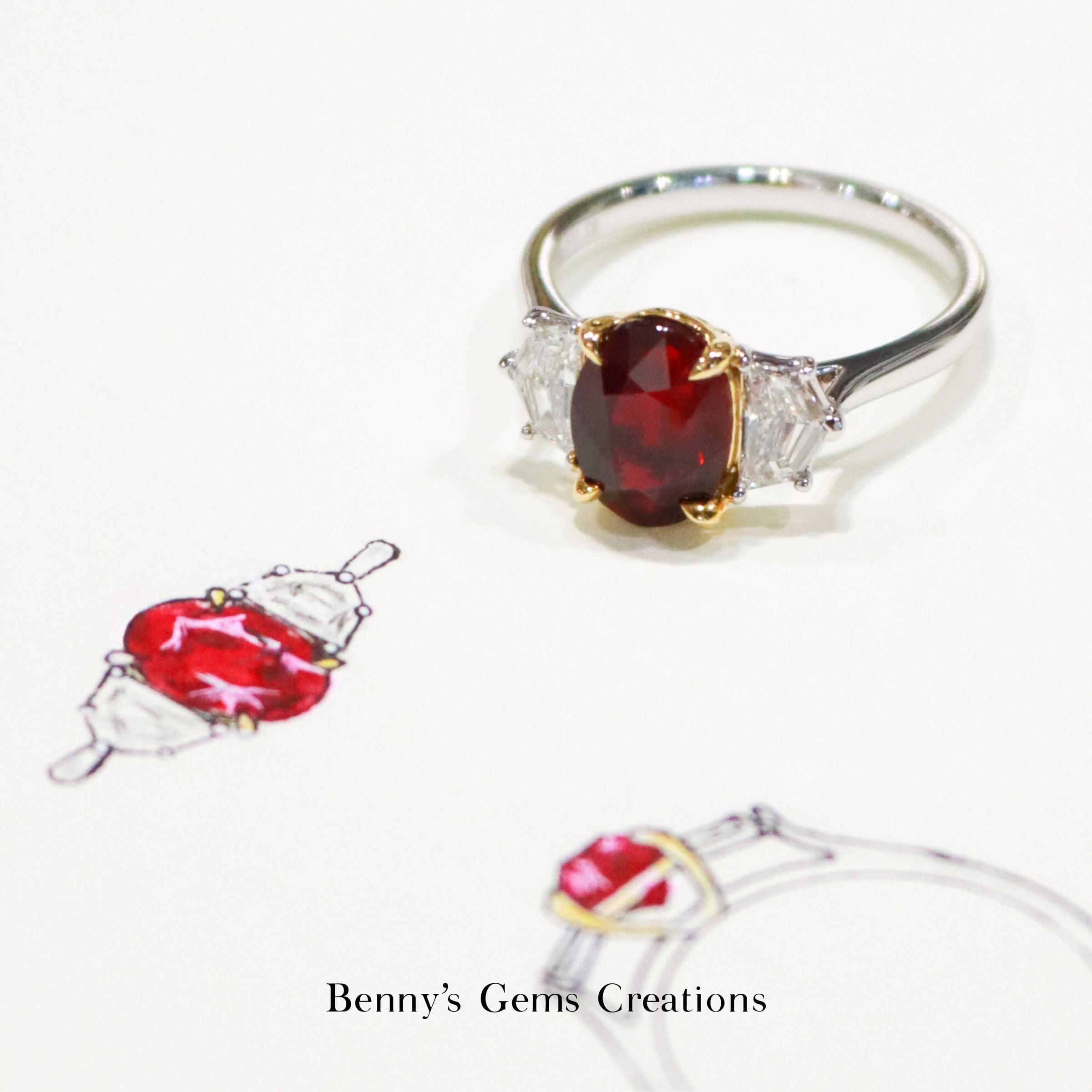 A trilogy ruby diamond ring on its original sketch drawing.