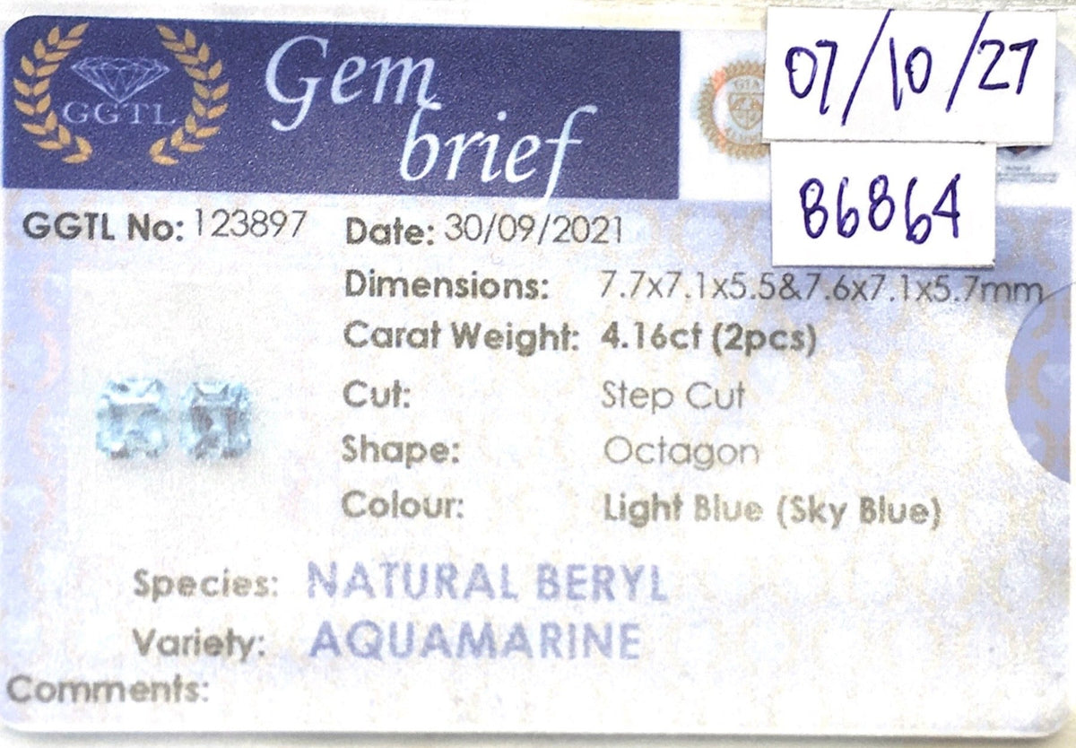 4.16CTS Light Blue Aquamarine Pair - Benny's Gems Creations