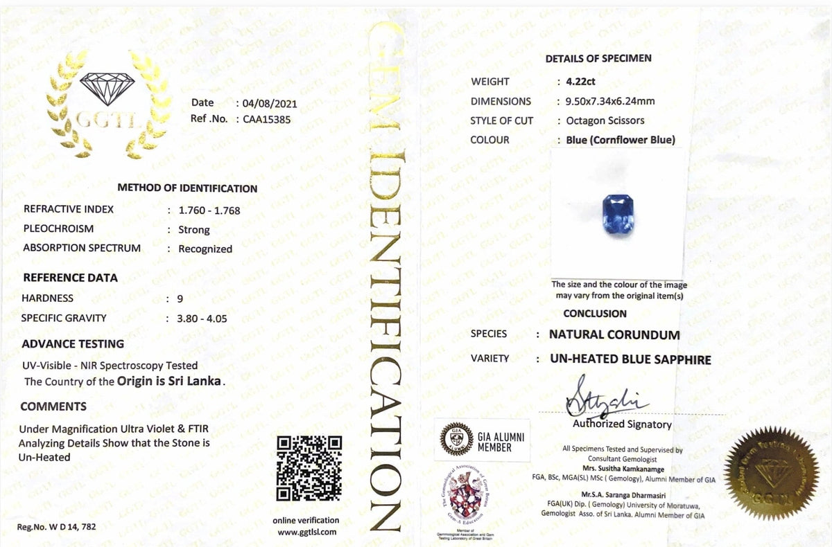 4.22CTS Unheated Cornflower Blue Sapphire - Benny's Gems Creations