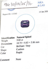 5.02CTS Natural Purple Cushion Cut Spinel - Benny's Gems Creations