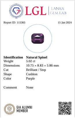 5.02CTS Natural Purple Cushion Cut Spinel - Benny's Gems Creations