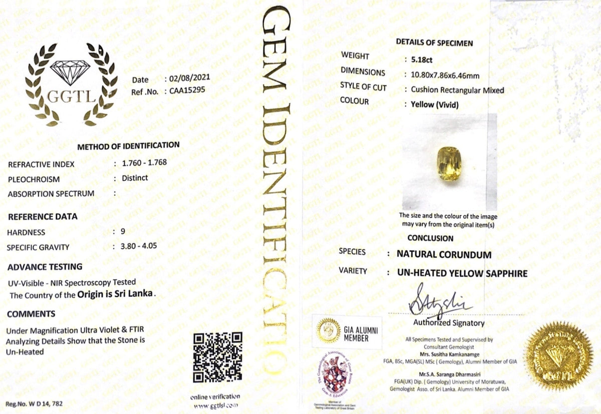 5.18CTS Unheated Vivid Yellow Sapphire - Benny's Gems Creations