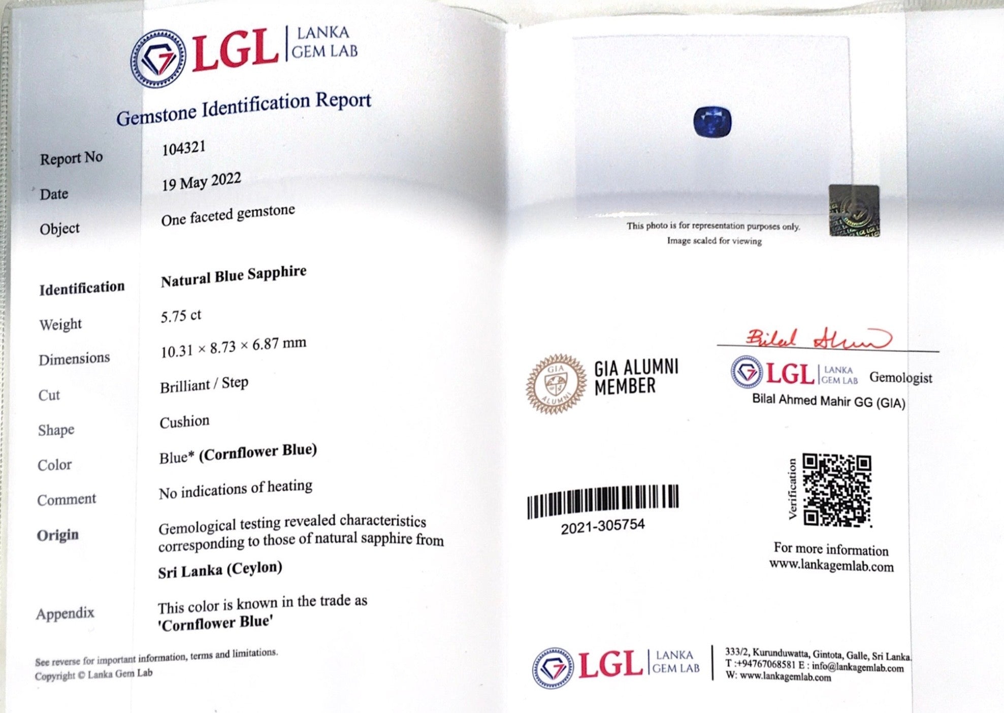 5.75CTS Unheated Cornflower Blue Sapphire - Benny's Gems Creations