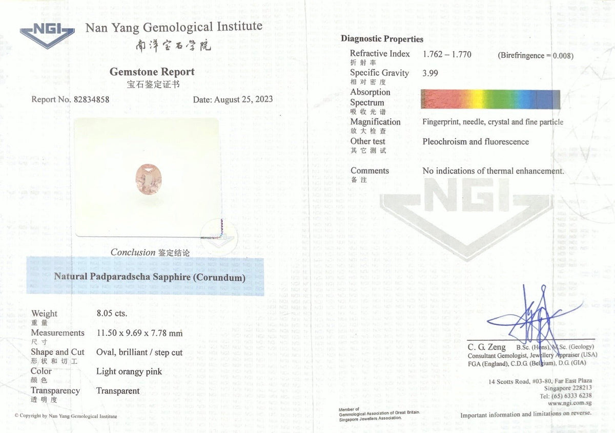 8.05cts Unheated Padparadscha - Benny's Gems Creations