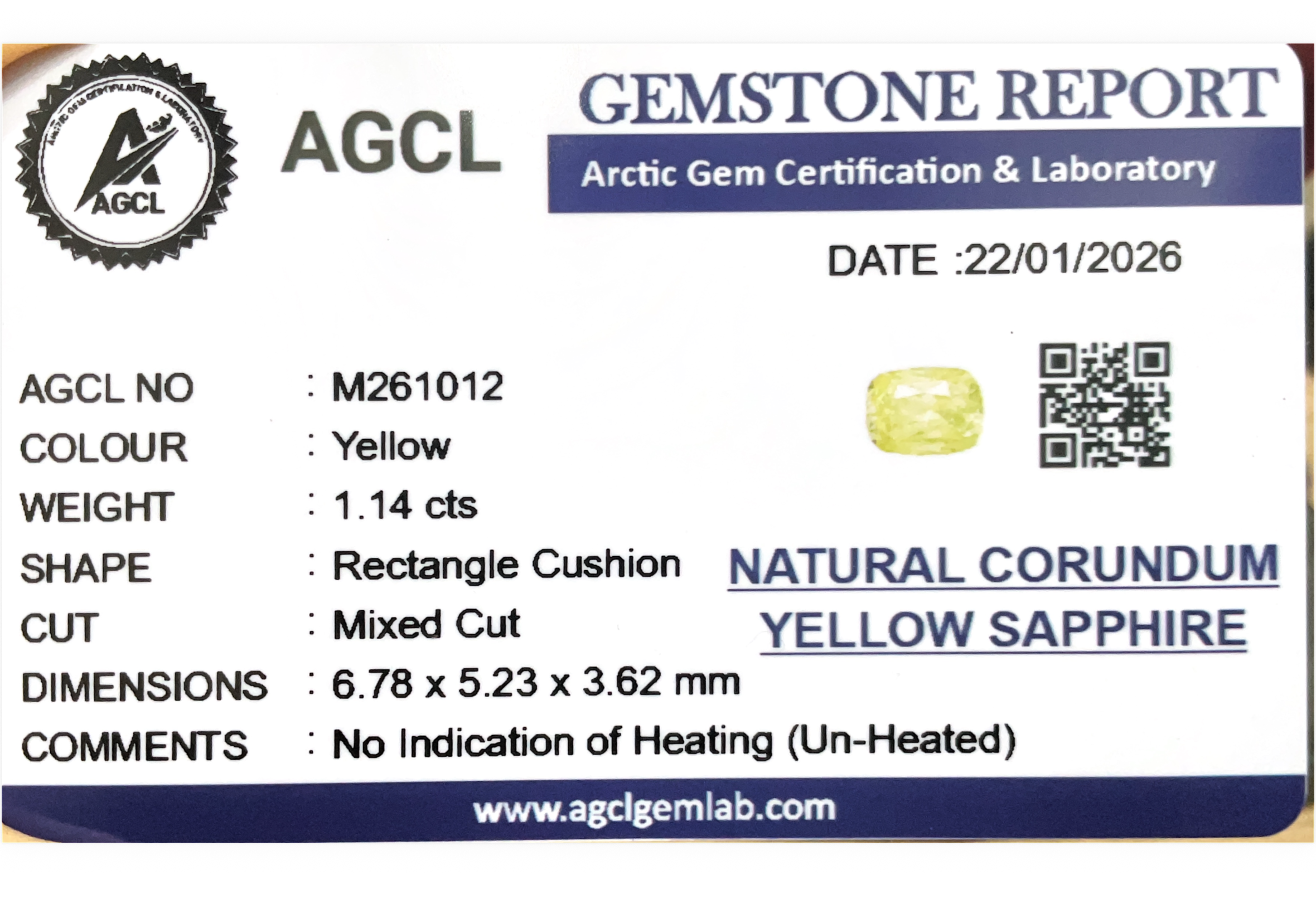 1.14cts Unheated Yellow Sapphire