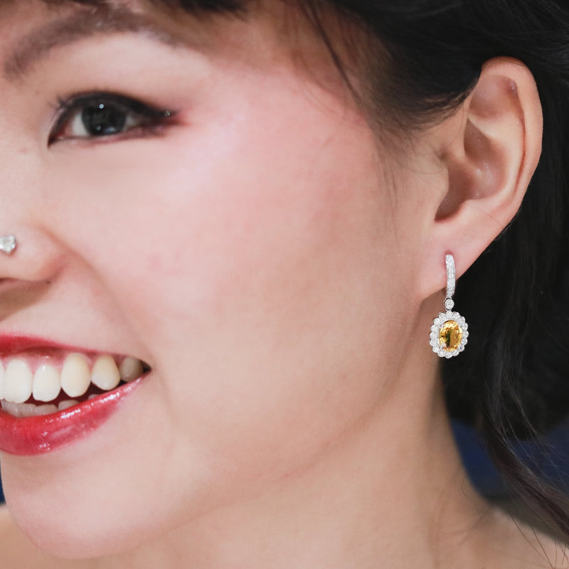 yellow sapphire diamond dangling earrings-modeled