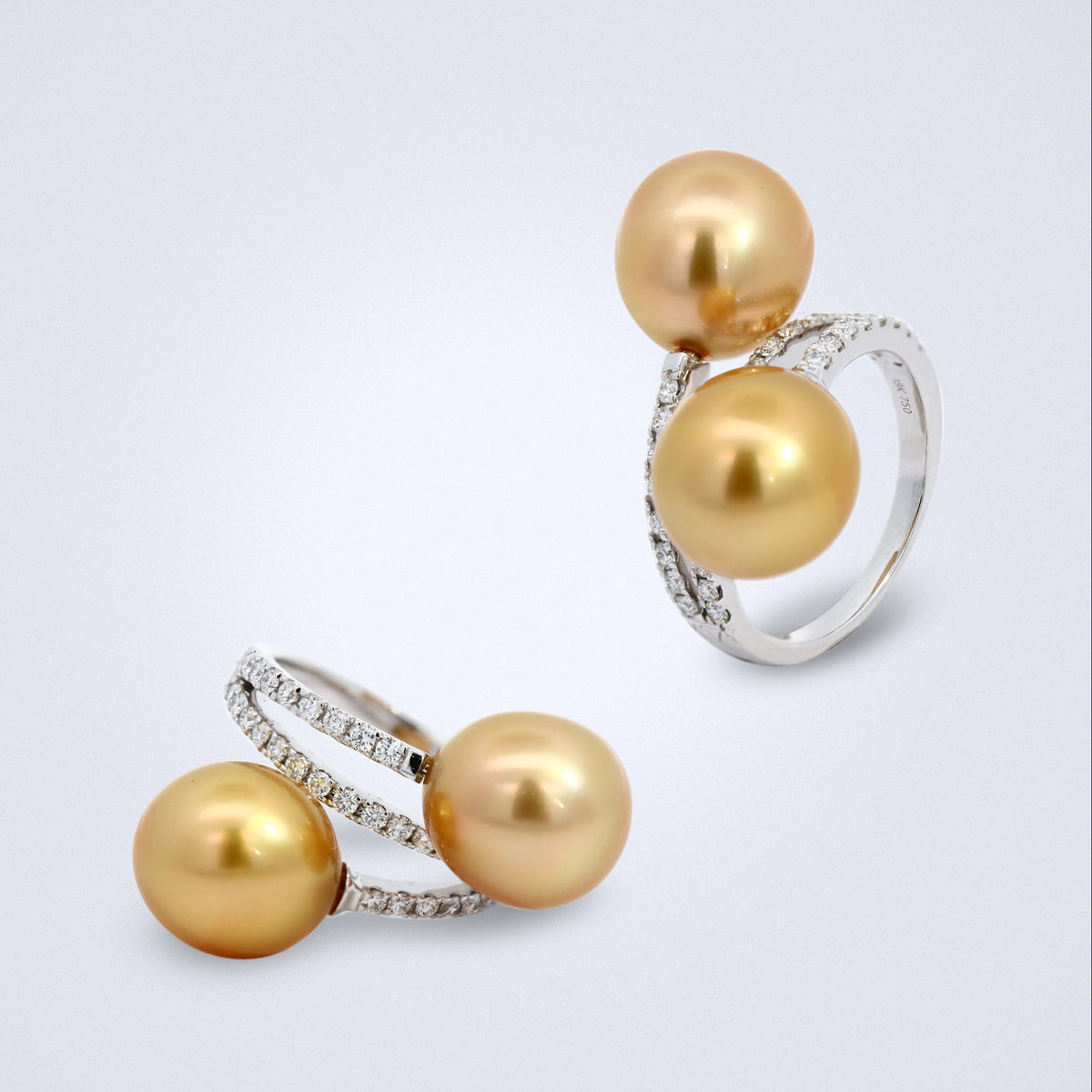 Twin Golden South Sea Pearl Diamond Wave Ring