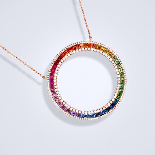 rainbow sapphire wheel diamond necklace
