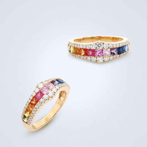 princess rainbow sapphire diamond band