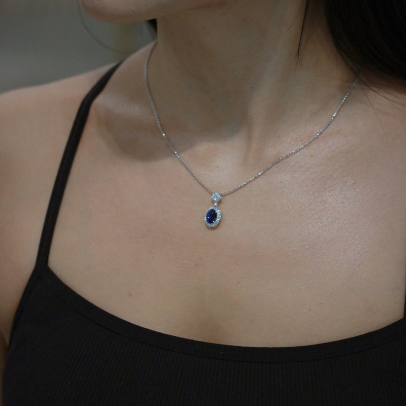 vivid blue princess sapphire diamond pendant modeled
