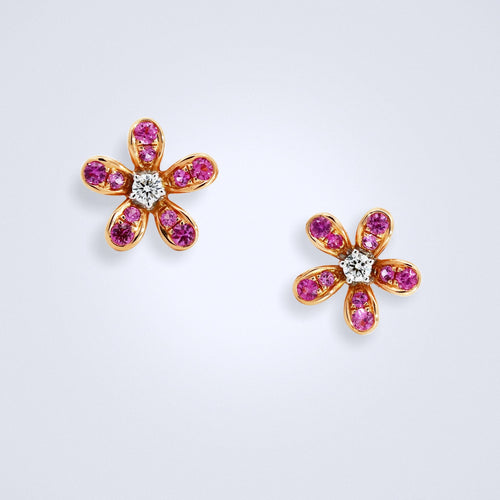 pink sapphire flower diamond earrings