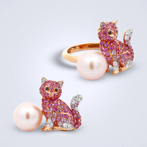 playful kitten pearl sapphire ring