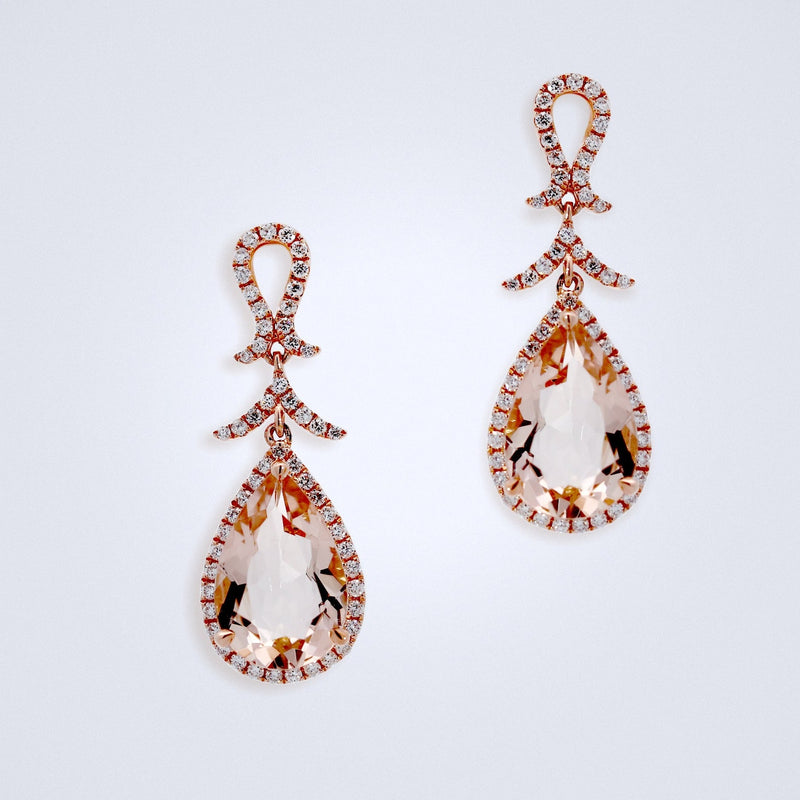 Blushing Peach Morganite Dangling Diamond Earrings - Benny's Gems Creations