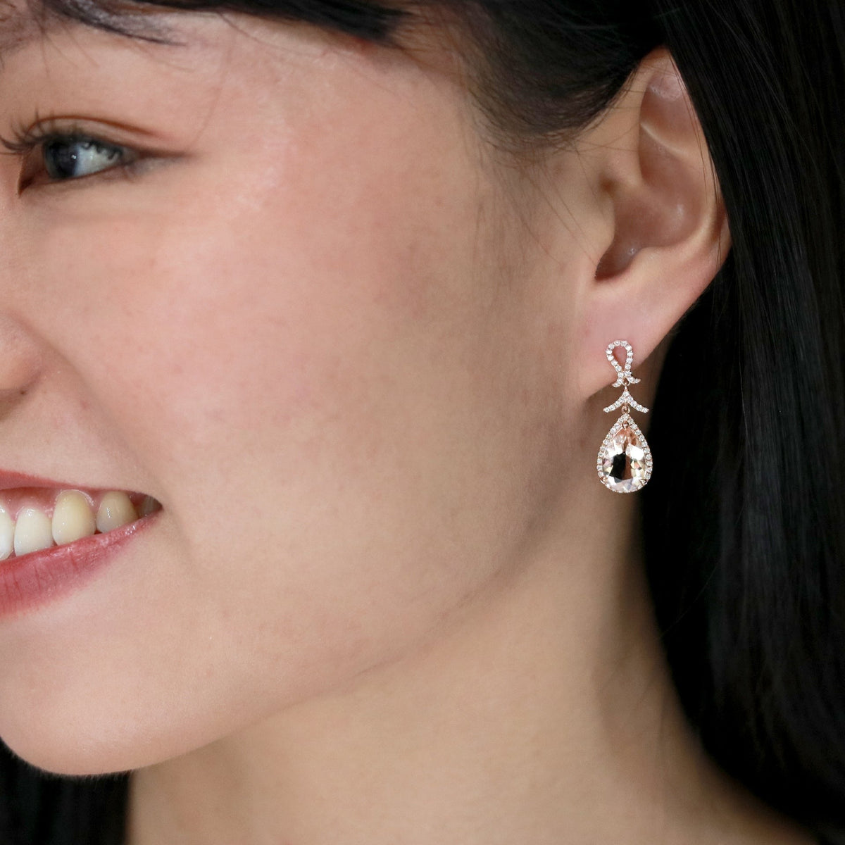 Blushing Peach Morganite Dangling Diamond Earrings - Benny's Gems Creations