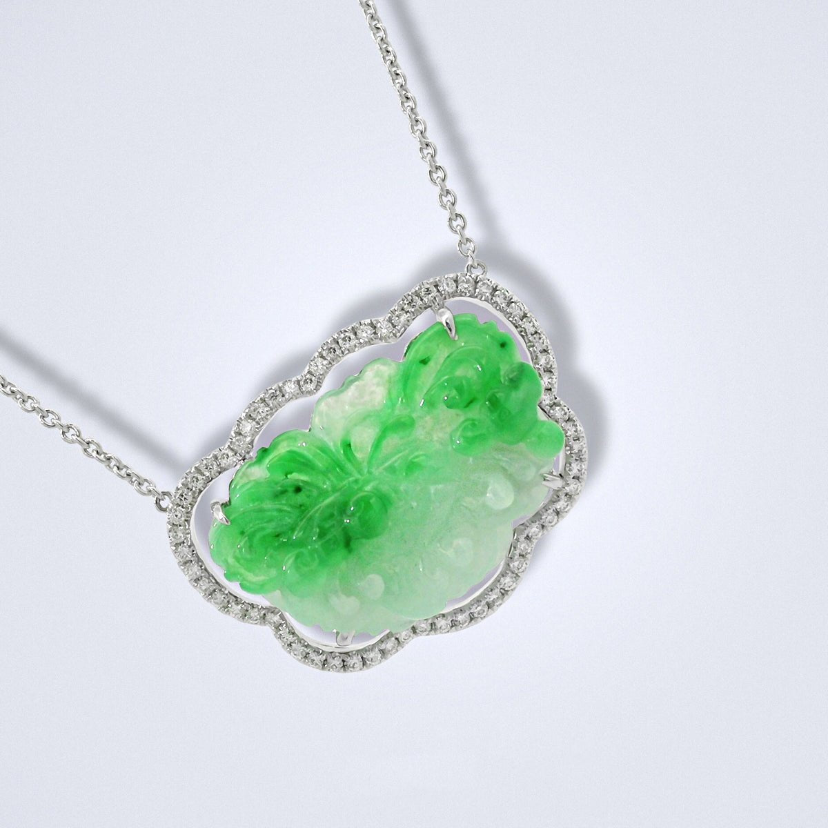Carved Jadeite Diamond Pendant Necklace - Benny's Gems Creations