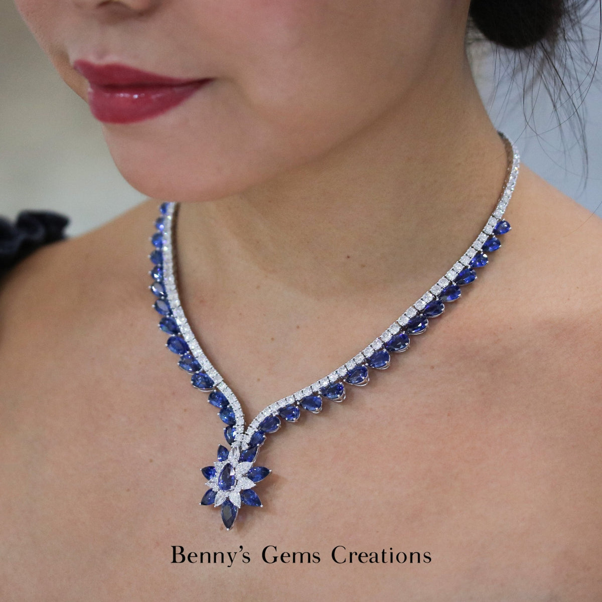Ceylon Midnight Bloom Sapphire Diamond Necklace - Benny's Gems Creations