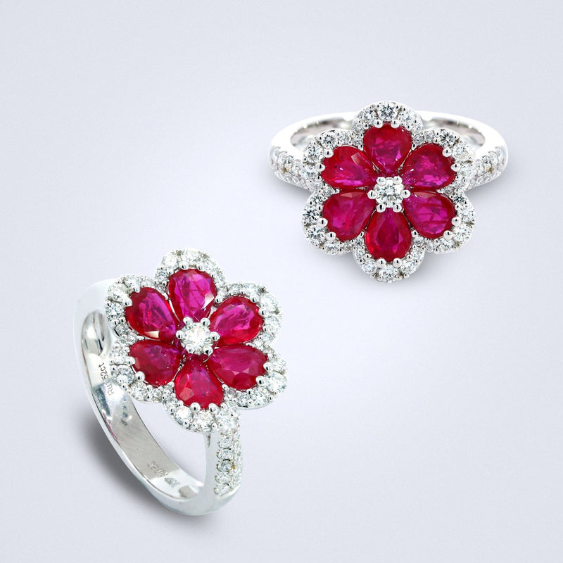 Crimson Flower Ruby Diamond Ring - Benny's Gems Creations