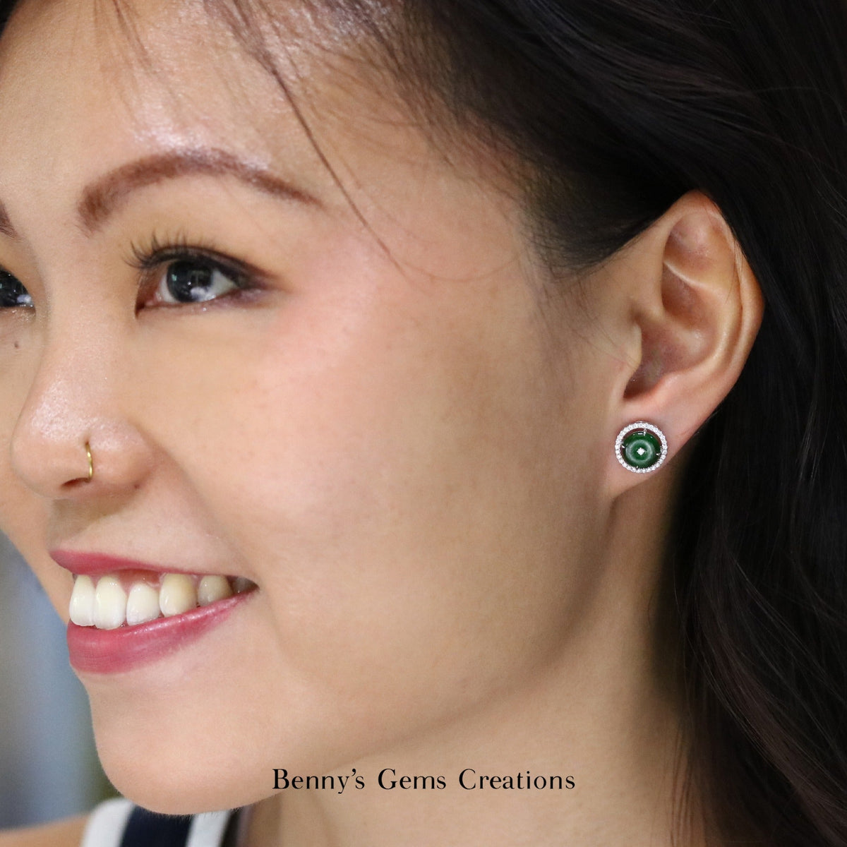 Deep Green Jade Disc Diamond Studs - Benny's Gems Creations