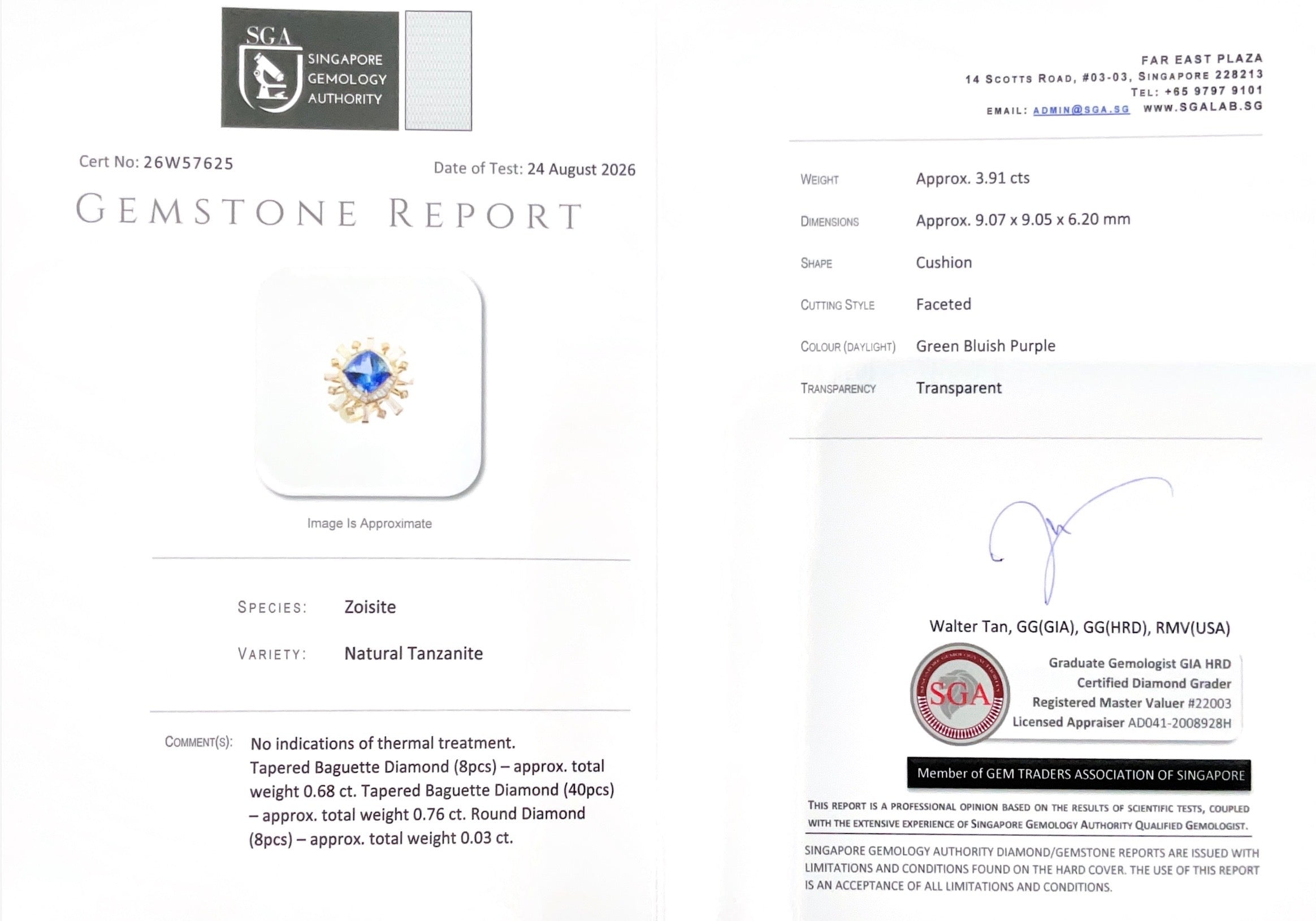 Gemstone certificate report for a Zoisite crystal, featuring weight, dimensions, cut quality, and certification details from the Singapore Gemstone Authority