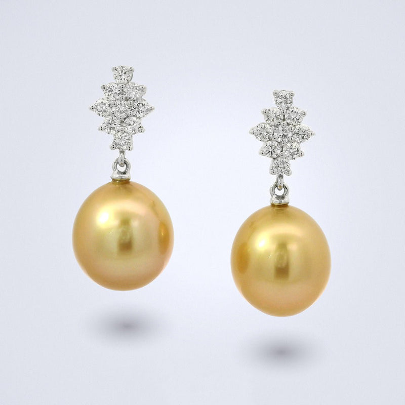 Golden South Sea Pearl Diamond Drop Earrings - Benny's Gems Creations