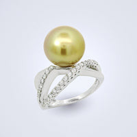 Golden South Sea Pearl Diamond Leaf Ring - Benny's Gems Creations