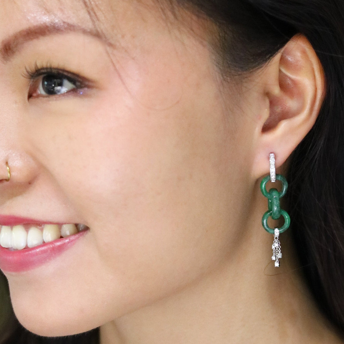 Green Jadeite Links Diamond Earring - Benny's Gems Creations