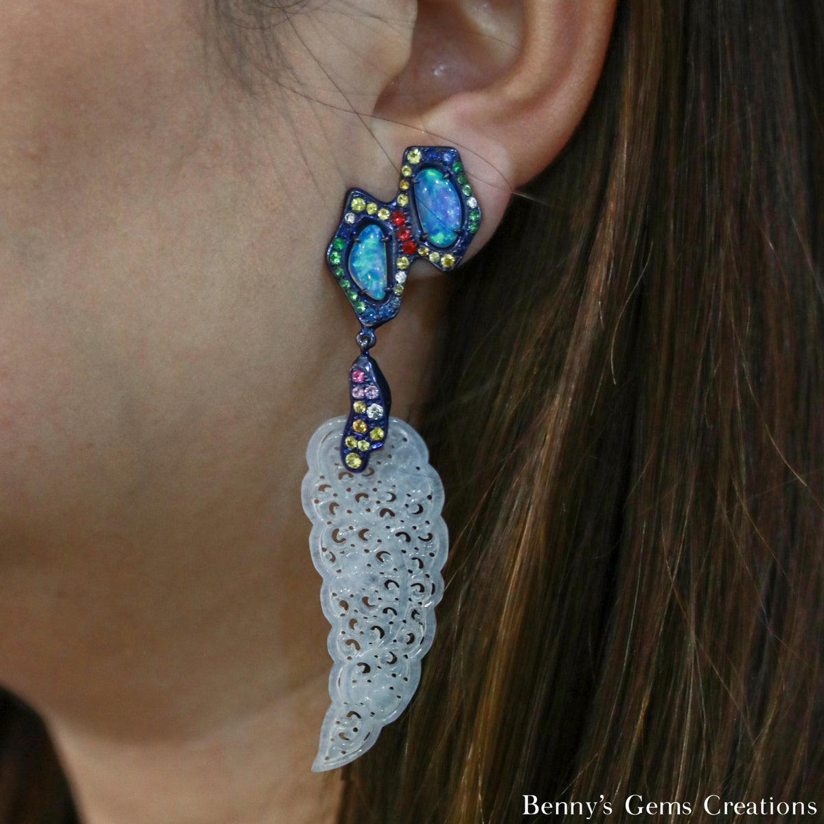 Icy Carved Jadeite Opal Earrings - Benny's Gems Creations