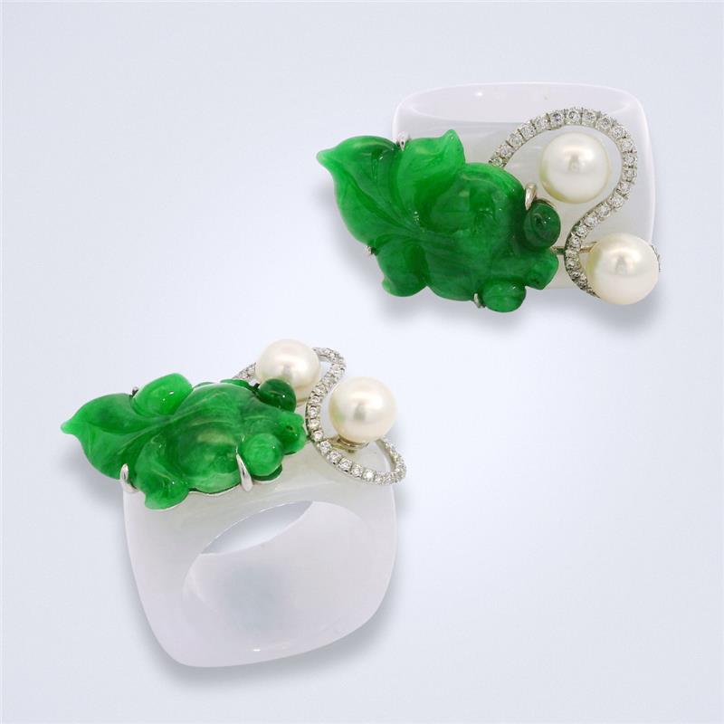 White Jadeite Goldfish Pearl Ring