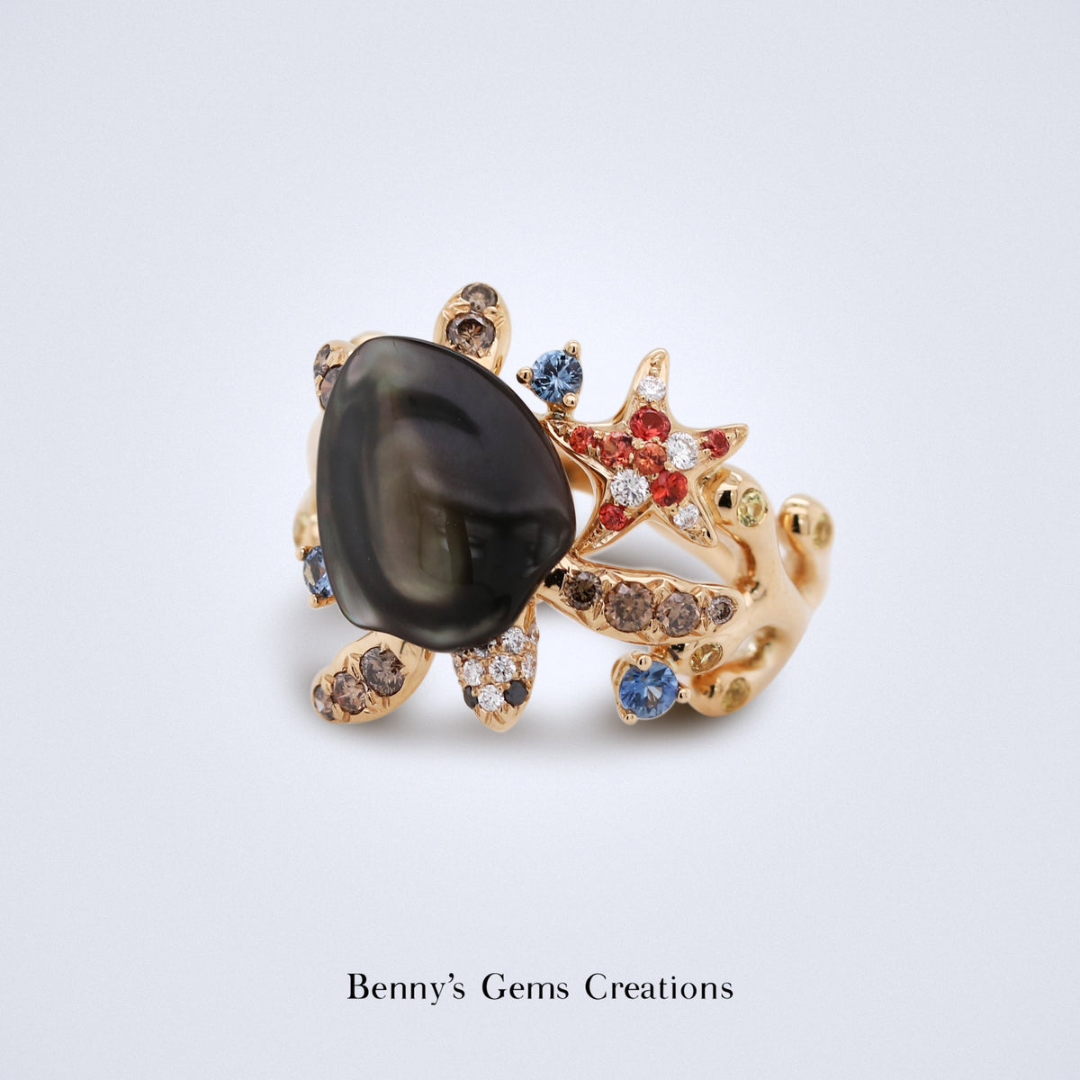 Mother of Pearl Sapphire Diamond Turtle Ring - Benny's Gems Creations