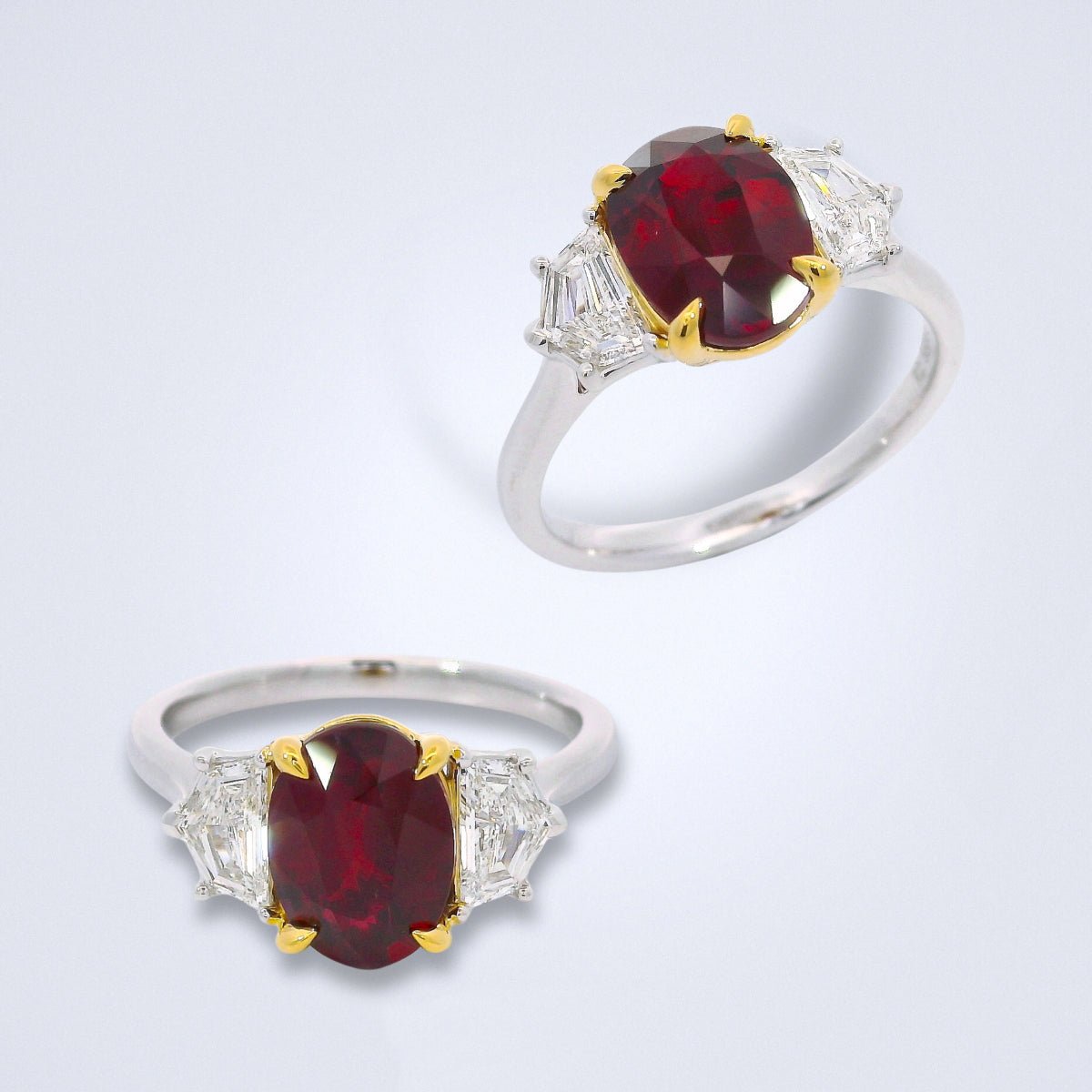 Pigeon Blood Ruby Trilogy Diamond Ring - Benny's Gems Creations
