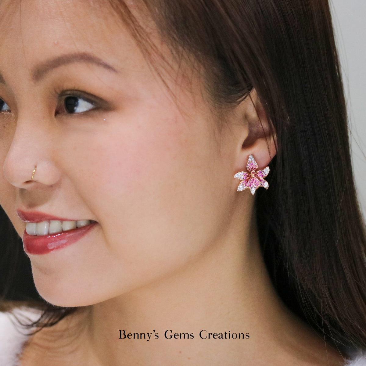 Pink Orchid Bloom Sapphire Diamond Earrings - Benny's Gems Creations