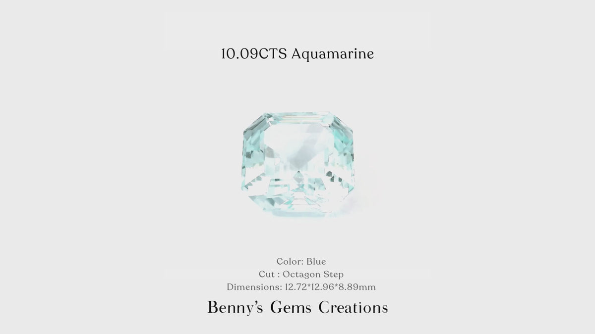 Natural blue Aquamarine gemstone in octagon step cut, 12.72 x 12.96 x 8.89 mm.