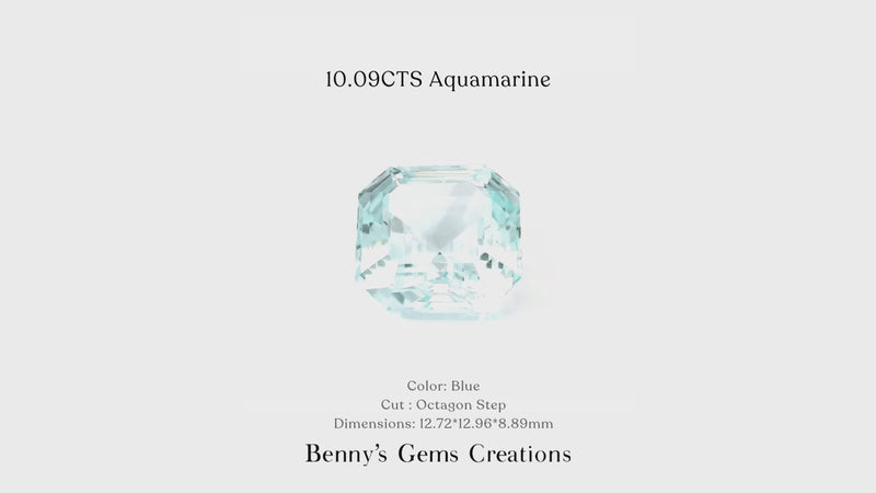 Natural blue Aquamarine gemstone in octagon step cut, 12.72 x 12.96 x 8.89 mm.