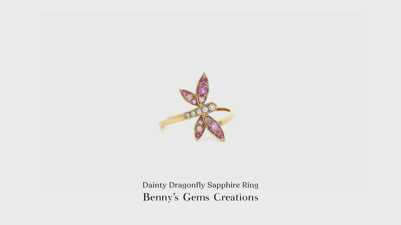 Dainty Dragonfly Sapphire Ring featuring delicate dragonfly detailing with vibrant pink sapphires and sparkling diamond accents in white gold