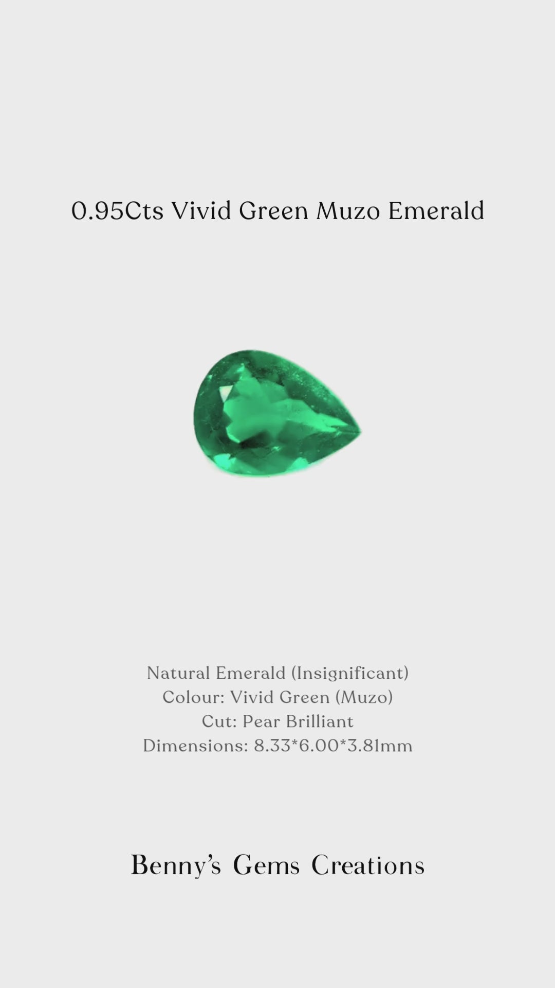 Vivid Green Muzo Emerald 0.95Cts in a pear brilliant cut. Measuring 8.33 × 6.00 × 3.81 mm, accompanied by a gemstone report confirming its natural origin with insignificant enhancement.