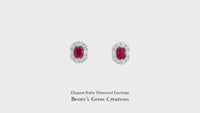 Elegant Ruby Diamond Earrings in 18K white gold, featuring 2 rubies totaling 1.11 carats, 16 diamonds totaling 0.41 carats, and 4 baguette diamonds totaling 0.13 carats.