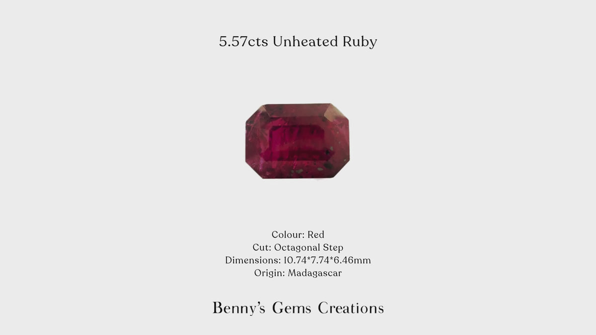 Unheated Ruby 5.57Cts in octagonal step cut, 10.74 × 7.74 × 6.46 mm, origin Madagascar, with gemstone certificate.