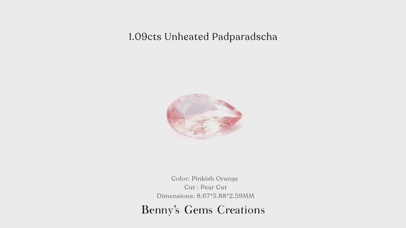 Natural unheated Padparadscha sapphire – pinkish-orange pear cut, 8.67 x 5.88 x 2.59 mm, certified GGTL No. 130970.
