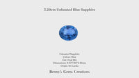 Unheated Blue Sapphire 3.29Cts, oval mix cut, 9.55 × 7.85 × 4.91 mm, origin Sri Lanka, with NY certificate.
