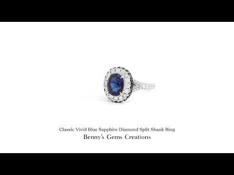 Classic Vivid Blue Sapphire Diamond Split Shank Ring with sophisticated blue sapphire and sparkling diamond accents