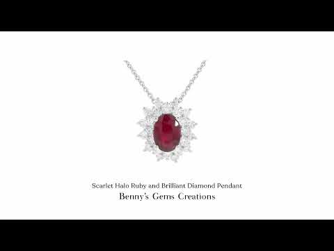 Elegant gold pendant featuring a Scarlet Halo ruby centerpiece surrounded by brilliant diamonds, perfect for luxury jewelry lovers