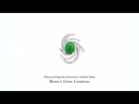 Diamond Spirals Cabochon Jadeite Ring with vivid green jade center stone and spiral diamond accents