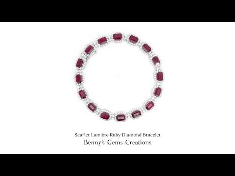 Scarlet Lumière Ruby Diamond Bracelet showcasing vibrant red rubies and dazzling diamonds set in a luxurious white gold band, radiating elegance and sophistication.